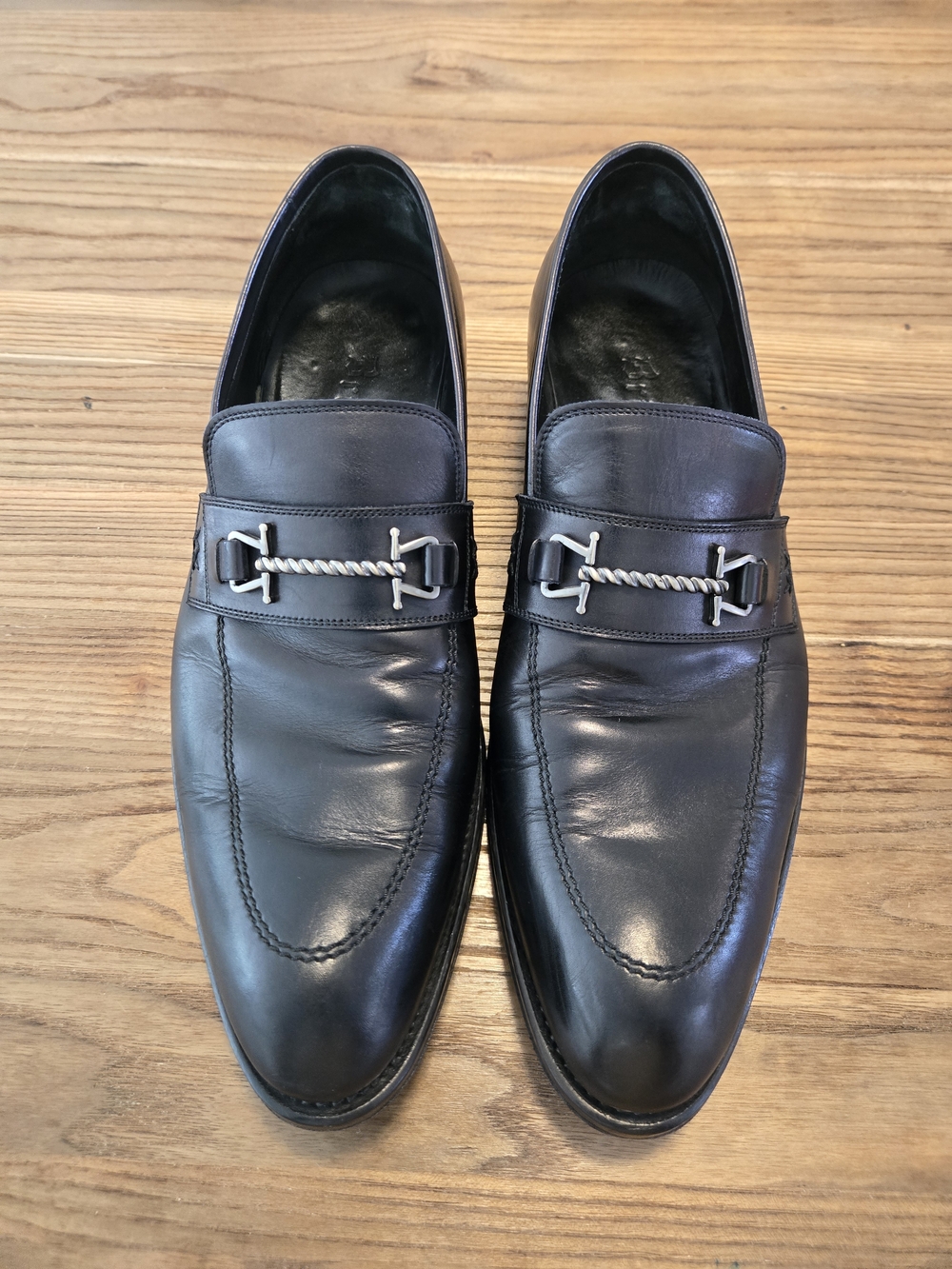 BRIONI Black Leather Block Heeled Almond-Toe Men's Penny Loafers Size 11 - Picture 3 of 12